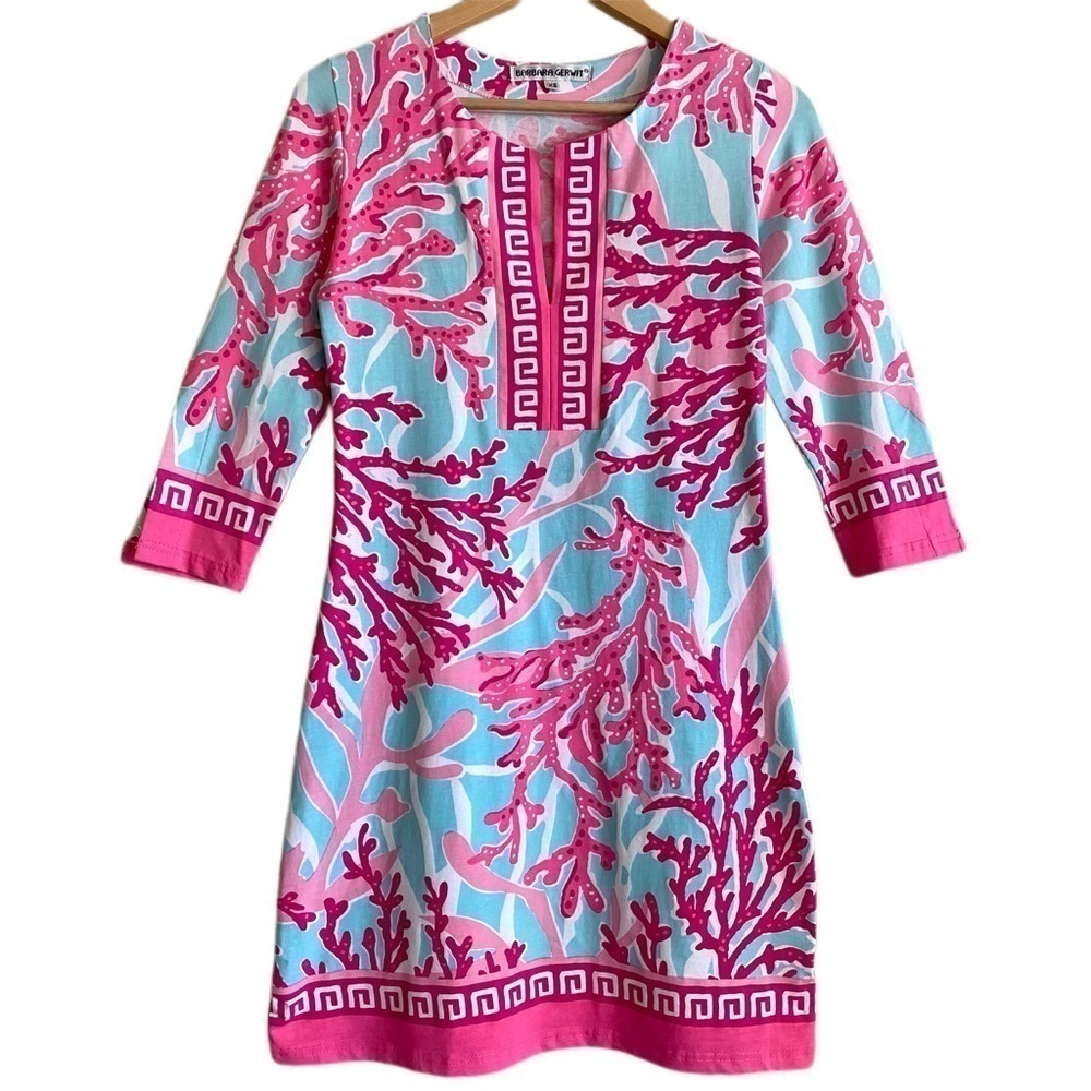 BARBARA GERWIT Vibrant Colorful Stretchy Coral Print Sheath Dress Size XS - Picture 6 of 7